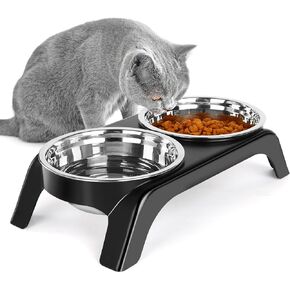 Elevated Cat Bowls, Anti Vomiting Raised Cat Food Bowl with 2 Stainless Steel Bowls, Prevent Neck Pain Cat Bowl Set, ABS Anti Slip Stand Cat Bowls for Indoor Cats & Puppies (𝐆𝐫𝐞𝐲)