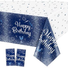 4 Pack Navy Blue and Silver Happy Birthday Tablecloths, 51x87'' Plastic Disposable Rectangle Table Cover for Men Women Boys Girls Birthday Party Decorations Supplies