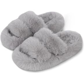 SNOWDROP Women's Open Toe Fashion Double Strap Fuzzy Slippers,Soft and Cute Fluffy Faux Plush Indoor Outdoor Slip On Bedroom House Shoes