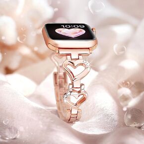 Bling Heart Metal Band Compatible with Apple Watch Bands for Women 44mm 40mm 45mm 41mm 38mm 42mm 46mm, Dressy Sparkle Diamond Jewelry Bracelet Wristband for iWatch Series 10 9 8 7 6 5 4 3 2 1 SE-Starlight