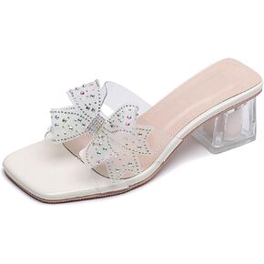 AMAZIDEAL Women's Rhinestone Bow Clear Chunky Heel Sandals,Square Open Toe Slip-On Low Block Heeled Mules,Comfortable Non-slip Wedding Prom Dress Shoes