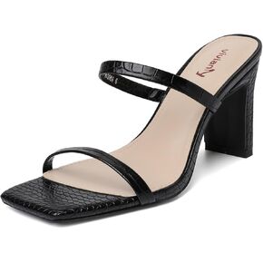 vivianly Womens Two Strap Block Heeled Sandal Slip On Square Toe Heels for Women for Weddings Party Casual Prom Heels