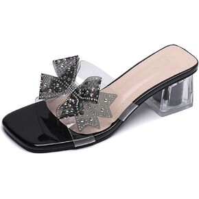 AMAZIDEAL Women's Rhinestone Bow Clear Chunky Heel Sandals,Square Open Toe Slip-On Low Block Heeled Mules,Comfortable Non-slip Wedding Prom Dress Shoes