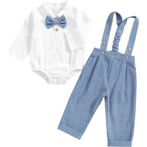 BULINGNA 2Pcs Newborn Baby Boy Fall Gentleman Outfit Romper Dress Shirt with Bowtie + Suspender Pants Formal Suit Clothes Set