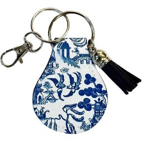 Chinoiserie AirTag Case - Elegant Neoprene Keychain Holder Compatible with Apple GPS Item Finders, Durable Key Ring with Clip