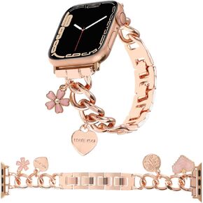 Stylish Metal Bands Compatible with Apple Watch Band 49/45/44/42mm 41/40/38mm Women,Cuban Chain Band with Bling Cute Key Love Charms Pendants for iWatch Series 9 8 7 6 5 4 3 2 SE Ultra 2