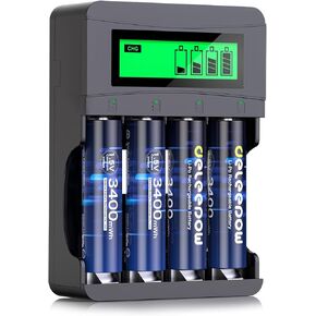 Deleepow Rechargeable AA Lithium Batteries with AA/AAA Individual Fast Rechargeable Battery Charger LCD Screen, 3400mWh High Capacity 1.5V, 1500 Times Rechargeable Batteries (8 Pack)