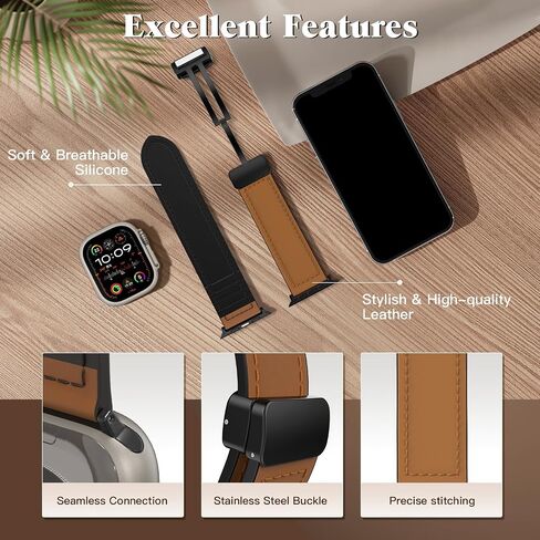 TiMOVO No Gap Leather Hybrid Silicone Band Compatible with Apple watch Ultra/Ultra2 49mm/Series10/9/8/7/6/5/4/3/2/1/SE 42/44/45/46mm, Quick Release Straps Straps Magnetic Buckle for Women Men in Saudi Arabia