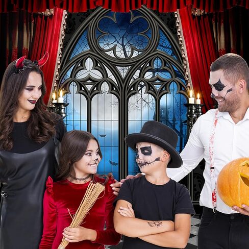 Avezano Halloween Backdrop Vampire Medieval Castle Gothic Window Moon Bats Photography Background Dress-up Birthday Party Supplies Horrible Decorations Photo Booth Props 5x7ft in Saudi Arabia