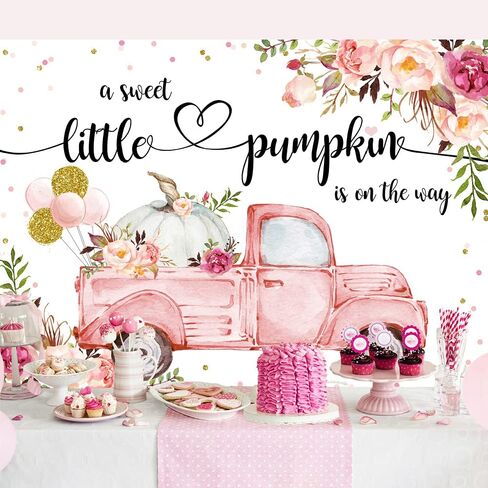 Lofaris Little Pumpkin Girl Baby Shower Photography Backdrops Props Fall Autumn Pink Floral Princess Baby Shower Party Decoration Car Gold Balloon Flowers Photo Studio Booth Background Banner 7x5ft in Saudi Arabia
