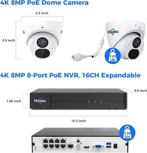 [4K HD Smart Detection+Angle 121°] Hiseeu 4K/8MP PoE Security Camera System Home Security System w/8pcs 4K IP Security Cameras Outdoor 100FT Night Vision 4K 8CH H.265 NVR with 3TB HDD for 24/7 Record in Saudi Arabia