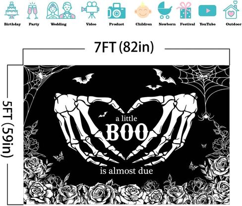 Mocsicka Halloween Baby Shower Backdrop Gothic Skeleton Love Hands Baby Shower Background A Little Boo is Almost Due Baby Shower Party Decorations Banner Photo Studio Props (7x5ft) in Saudi Arabia