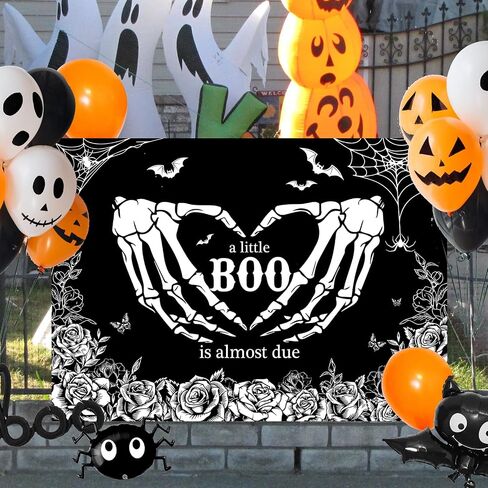 Mocsicka Halloween Baby Shower Backdrop Gothic Skeleton Love Hands Baby Shower Background A Little Boo is Almost Due Baby Shower Party Decorations Banner Photo Studio Props (7x5ft) in Saudi Arabia