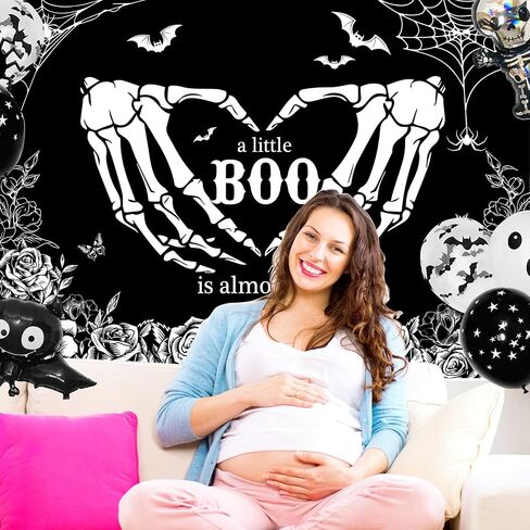Mocsicka Halloween Baby Shower Backdrop Gothic Skeleton Love Hands Baby Shower Background A Little Boo is Almost Due Baby Shower Party Decorations Banner Photo Studio Props (7x5ft) in Saudi Arabia