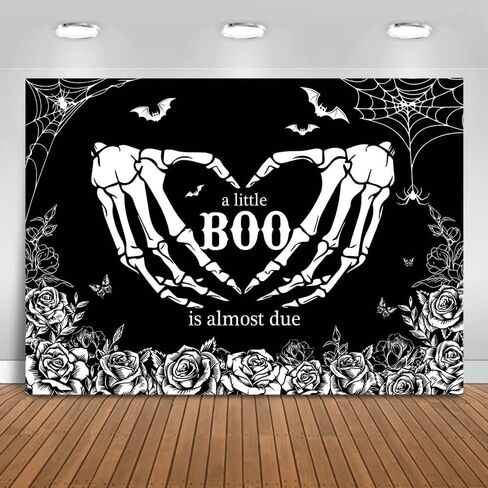 Mocsicka Halloween Baby Shower Backdrop Gothic Skeleton Love Hands Baby Shower Background A Little Boo is Almost Due Baby Shower Party Decorations Banner Photo Studio Props (7x5ft) in Saudi Arabia