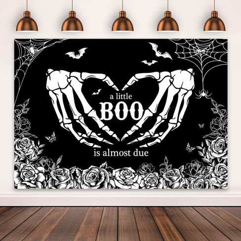 Mocsicka Halloween Baby Shower Backdrop Gothic Skeleton Love Hands Baby Shower Background A Little Boo is Almost Due Baby Shower Party Decorations Banner Photo Studio Props (7x5ft) in Saudi Arabia