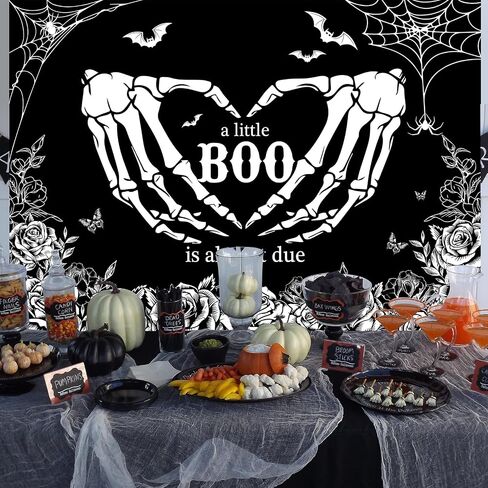 Mocsicka Halloween Baby Shower Backdrop Gothic Skeleton Love Hands Baby Shower Background A Little Boo is Almost Due Baby Shower Party Decorations Banner Photo Studio Props (7x5ft) in Saudi Arabia