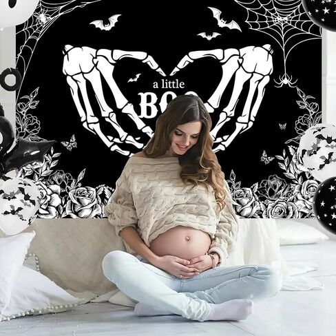 Mocsicka Halloween Baby Shower Backdrop Gothic Skeleton Love Hands Baby Shower Background A Little Boo is Almost Due Baby Shower Party Decorations Banner Photo Studio Props (7x5ft) in Saudi Arabia