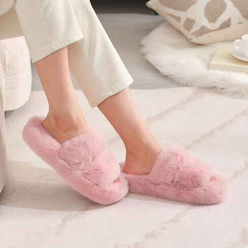 SNOWDROP Women's Open Toe Fashion Double Strap Fuzzy Slippers,Soft and Cute Fluffy Faux Plush Indoor Outdoor Slip On Bedroom House Shoes in Saudi Arabia