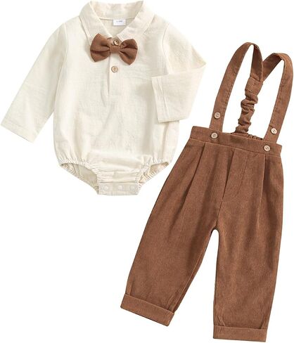 BULINGNA 2Pcs Newborn Baby Boy Fall Gentleman Outfit Romper Dress Shirt with Bowtie + Suspender Pants Formal Suit Clothes Set in Kuwait