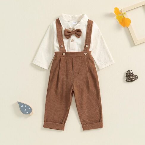 BULINGNA 2Pcs Newborn Baby Boy Fall Gentleman Outfit Romper Dress Shirt with Bowtie + Suspender Pants Formal Suit Clothes Set in Kuwait