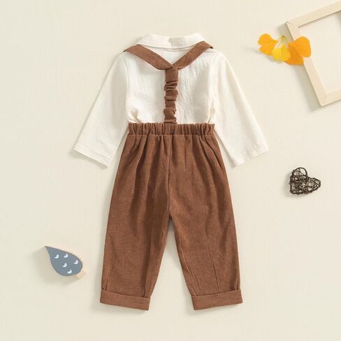 BULINGNA 2Pcs Newborn Baby Boy Fall Gentleman Outfit Romper Dress Shirt with Bowtie + Suspender Pants Formal Suit Clothes Set in Kuwait