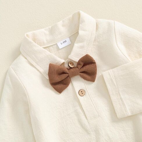 BULINGNA 2Pcs Newborn Baby Boy Fall Gentleman Outfit Romper Dress Shirt with Bowtie + Suspender Pants Formal Suit Clothes Set in Kuwait