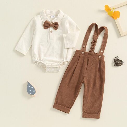 BULINGNA 2Pcs Newborn Baby Boy Fall Gentleman Outfit Romper Dress Shirt with Bowtie + Suspender Pants Formal Suit Clothes Set in Kuwait