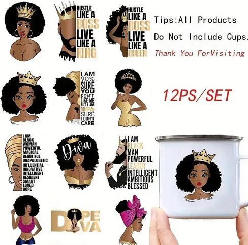 12-Piece Set of Black Girl Christmas, African Queen Vinyl Stickers, Inspirational UV Vinyl Sticker Wraps, High Adhesive Decals for Coffee Mugs, Laptops, Books, Cups, Bottles etc. (STYLEE) in Saudi Arabia