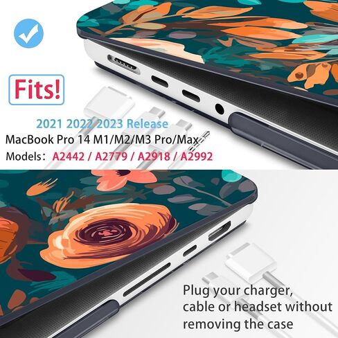 حافظة Mektron لجهاز MacBook Pro 14 بوصة 2023 2022 2021 موديل M3 A2918 A2992 M2 A2779 M1A2442 Pro/Max، غطاء حماية من البلاستيك الصلب لجهاز MacBook Pro 14 بوصة مع معرف اللمس، زهرة الداليا C035 in Kuwait