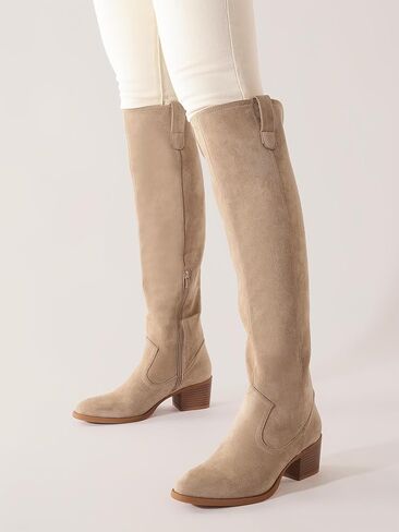 Shoe'N Tale Women's Over The Knee Thigh High Chunky Heel Pointed Toe Faux Suede Side Zipper Fall Weather Winter Boots in Kuwait