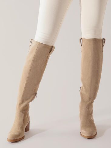 Shoe'N Tale Women's Over The Knee Thigh High Chunky Heel Pointed Toe Faux Suede Side Zipper Fall Weather Winter Boots in Kuwait