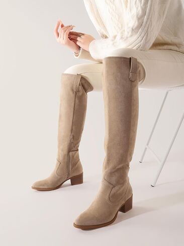 Shoe'N Tale Women's Over The Knee Thigh High Chunky Heel Pointed Toe Faux Suede Side Zipper Fall Weather Winter Boots in Kuwait