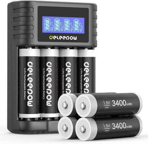Deleepow Rechargeable AA Lithium Batteries with AA/AAA Individual Fast Rechargeable Battery Charger LCD Screen, 3400mWh High Capacity 1.5V, 1500 Times Rechargeable Batteries (8 Pack) in Saudi Arabia
