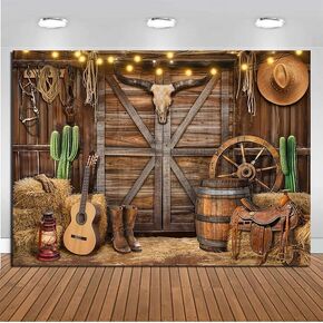 CHAIYA 7X5FT Western Cowboy Backdrop Banner Wild West Rustic Wooden Barn House Photography Background for Western Party Decoration Kid Birthday Party Banner CY-303