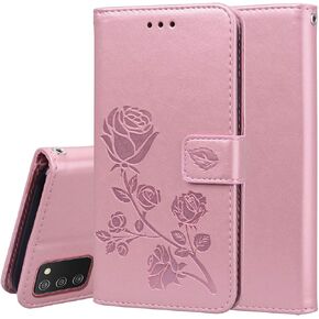 Designed for Samsung Galaxy A03S Case, Wrist Strap Flip Kickstand PU Leather Wallet Case Cash Card Slots Holder. Protective Shockproof Rose Pattern Women Cover for Galaxy A03S MG Rose Gold