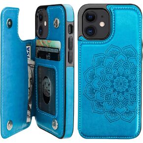 Vaburs Compatible with iPhone 12 Mini Case Wallet with Card Holder,Embossed Mandala Pattern Flower PU Leather Double Magnetic Buttons Flip Shockproof Cover for iPhone 12 Mini 5.4 Inch(Blue)