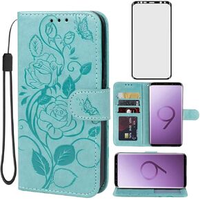 Case for Galaxy S9 Case, Samsung S9 SM-G960U Wallet Case with Tempered Glass Screen Protector, Flower Leather Flip Credit Card Holder Stand Phone Cover Cases for Samsung Galaxy S9 Red