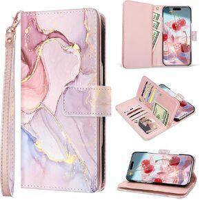 Fingic for iPhone 16 Pro Case Wallet Case for Women Girl[with 9 Card Holder]Marble Rose Gold PU Leather Detachable Wrist Strap Full Body Slim Shockproof Flip Phone Case for iPhone 16 Pro,6.3 inch,2024