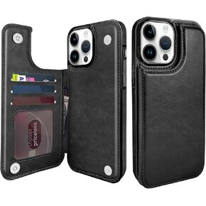 TopPerfekt Wallet Case for iPhone 13 Pro Max 6.7", Compatible with MagSafe, Wireless Charging, Leather Card Holder Kickstand Protective Cover Magnetic Phone Flip Case-Black