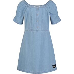 Calvin Klein Girls' Short Sleeve Denim Shirt Dress, Dark Chambray/Popover
