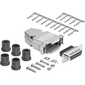CompuCablePlusUSA.com Best DB9 Female Connector Kit, DB9 Female Crimp Type with Metal Hood + 9 Gold Plated Pro D-Sub Female Pins + Strain Relief Grommet, Most Complete DB9 Connector Kit Set
