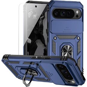 for Google Pixel 9 Pro XL Case with Camera Lens Cover HD Screen Protector, Dual Layer Military-Grade Drop Tested Magnetic Ring Holder Kickstand Protective Phone Case for Pixel 9 Pro XL (Navy Blue)