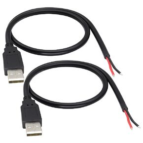 18AWG USB 2.0 Male Plug to 2pin Bare Cable USB A Male Plug to 2pin Bare Wire Pigtail Open End Extension Cable 5V 5A Power Charge Wires DIY Connector Cable [2PacK/black][0.5M/1.6ft]