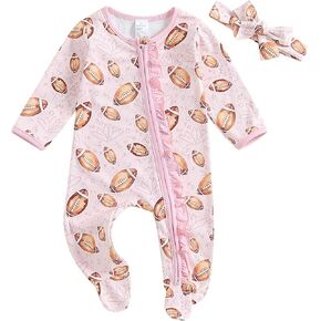 Newborn Baby Girl Football Outfit Zipper Footie Romper Rugby Long Sleeve Jumpsuit One Piece Fall Outfit Headband