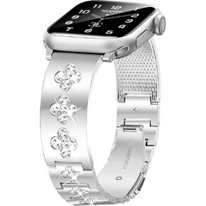 Gold Watch Bands Women Compatible with Apple Watch Band 38mm 40mm 41mm 42mm (S10) Bling Four-Leaf Clover Diamond Jewelry Metal Link Straps for iWatch Series 10/9/8/7/6/5/4/3/2/1/SE/Ultra