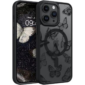 BENTOBEN for iPhone 14 Pro Max Case, Cute Butterfly Pattern Magnetic Case [Compatible with MagSafe] Translucent Matte Slim Women Girl Protective Cover Cases for iPhone 14 Pro Max 6.7 inch, Black