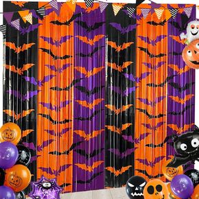 Halloween Party Decorations 2 Pack 3.3x6.6ft Bat Pattern Backdrop Foil Fringe Curtains Black Orange Purple Halloween Party Streamers Photo Booth Props