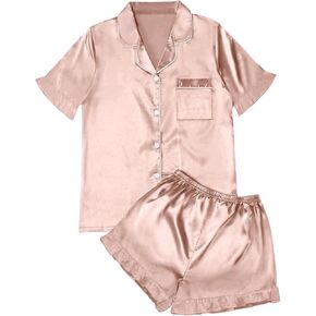 Remidoo Women's Ruffle Short Sleeve Button Down Satin 2 Piece Pajama Set Sleepwear