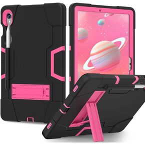 Case for Galaxy Tablet S9 FE & S9 2023 (SM-X710/X718U/X716B/X510/X516B), Soft Silicone & Hard Pc 3-Layer Military Protector Cover for Tab S9 11" with S-Pen Holder Stand case Black+Rose Red